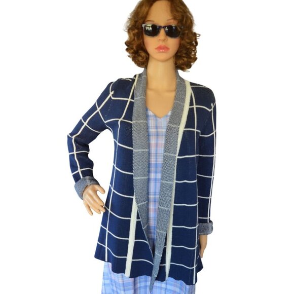 ModCloth Simply Snuggly Plaid Grid Cardigan Navy White Women Size Small Cozy - Picture 2 of 7